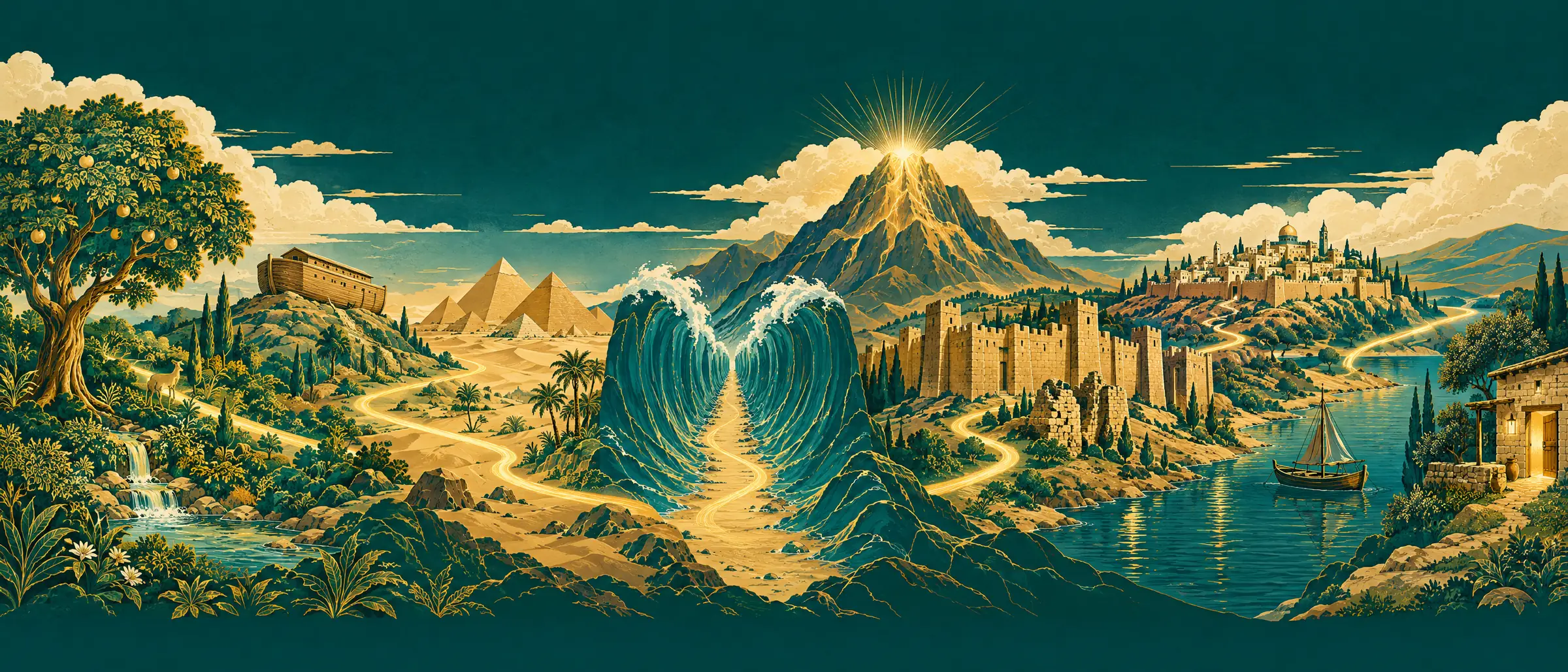Ilustração do caminho dourado: o Éden, a arca, as pirâmides, o mar aberto, o monte e Jerusalém